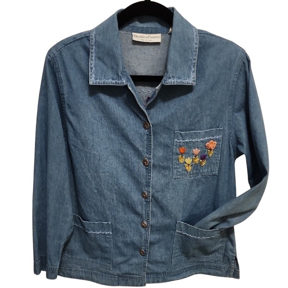 Draper's & Damon's Denim Shirt‎ PM Blue Floral Embroidered Cottagecore Vintage